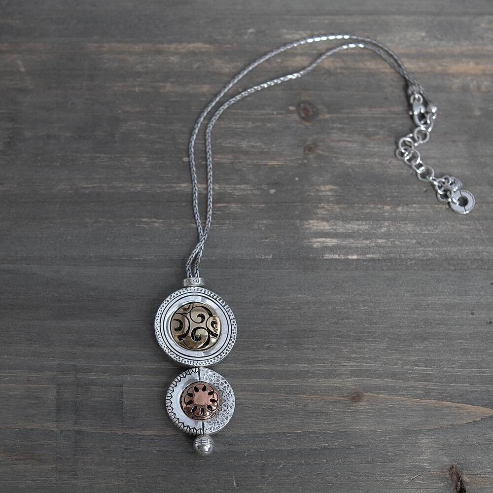 Brighton Spin Master Reversible Pendant Necklace Silver Gold Copper Mixed Metal